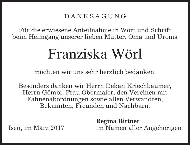 Traueranzeige für Franziska Wörl vom 18.03.2017 aus merkurtz