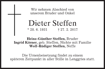 Traueranzeige von Dieter Steffen von merkurtz