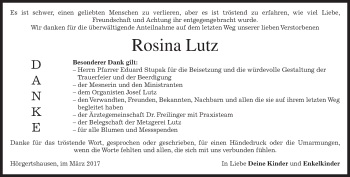 Traueranzeige von Rosina Lutz von merkurtz