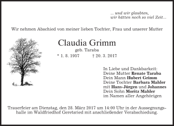 Traueranzeige von Claudia Grimm von merkurtz