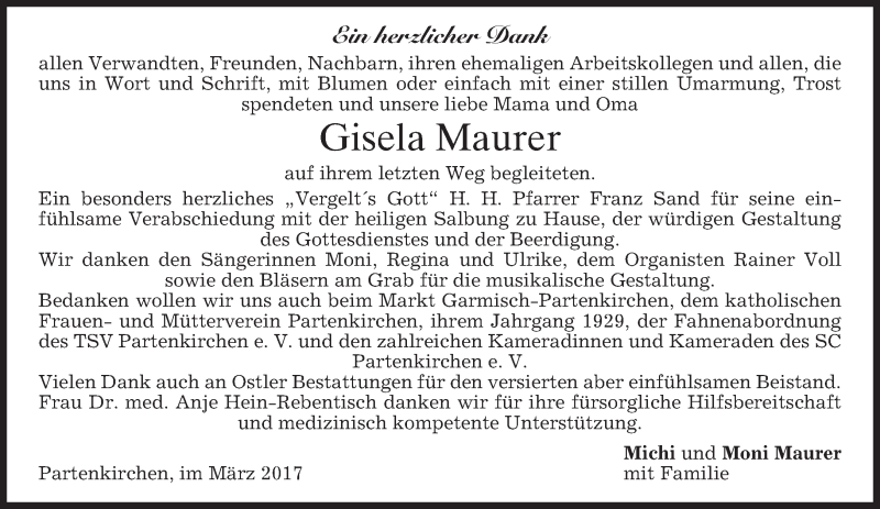  Traueranzeige für Gisela Maurer vom 18.03.2017 aus merkurtz