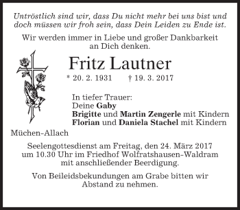 Traueranzeige von Fritz Lautner von merkurtz