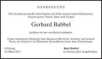 Traueranzeige von Gerhard Babbel von merkurtz
