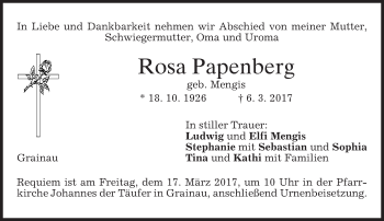 Traueranzeige von Rosa Pagenberg von merkurtz