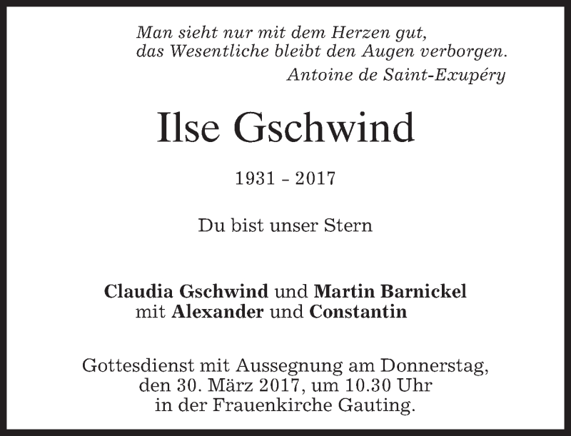 Traueranzeige für Ilse Gschwind vom 29.03.2017 aus merkurtz