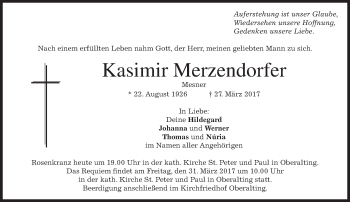 Traueranzeige von Kasimir Merzendorfer von merkurtz