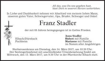 Traueranzeige von Franz Stadler von merkurtz