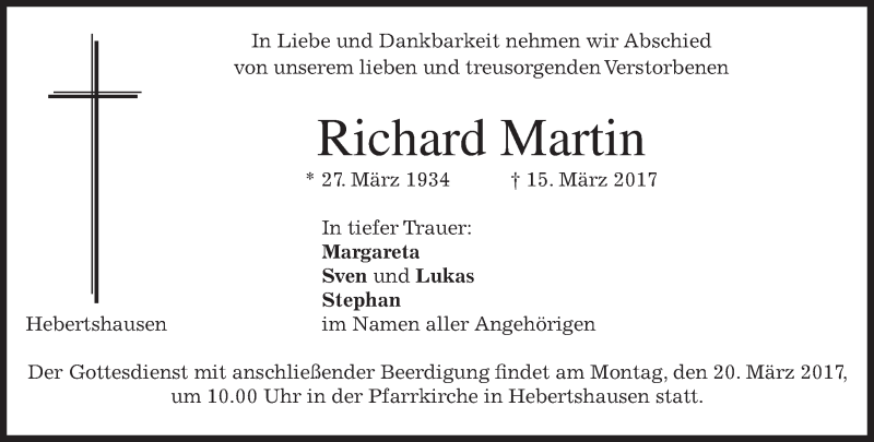  Traueranzeige für Richard Martin vom 17.03.2017 aus merkurtz