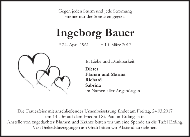 Traueranzeigen Von Ingeborg Bauer Trauermerkurde 5625