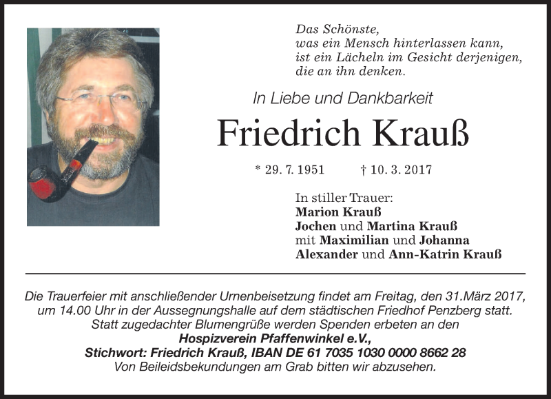  Traueranzeige für Friedrich Krauß vom 25.03.2017 aus merkurtz