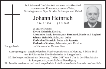 Traueranzeige von Johann Heinrich von merkurtz