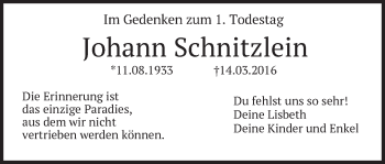Traueranzeige von Johann Schnitzlein von merkurtz