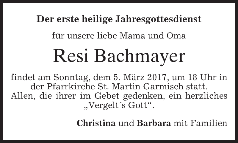  Traueranzeige für Resi Bachmayer vom 04.03.2017 aus merkurtz