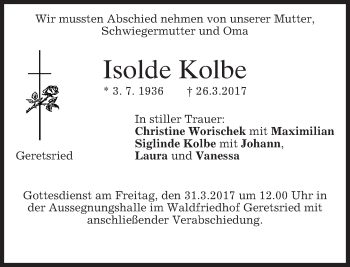 Traueranzeige von Isolde Kolbe von merkurtz