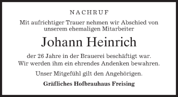Traueranzeige von Johann Heinrich von merkurtz