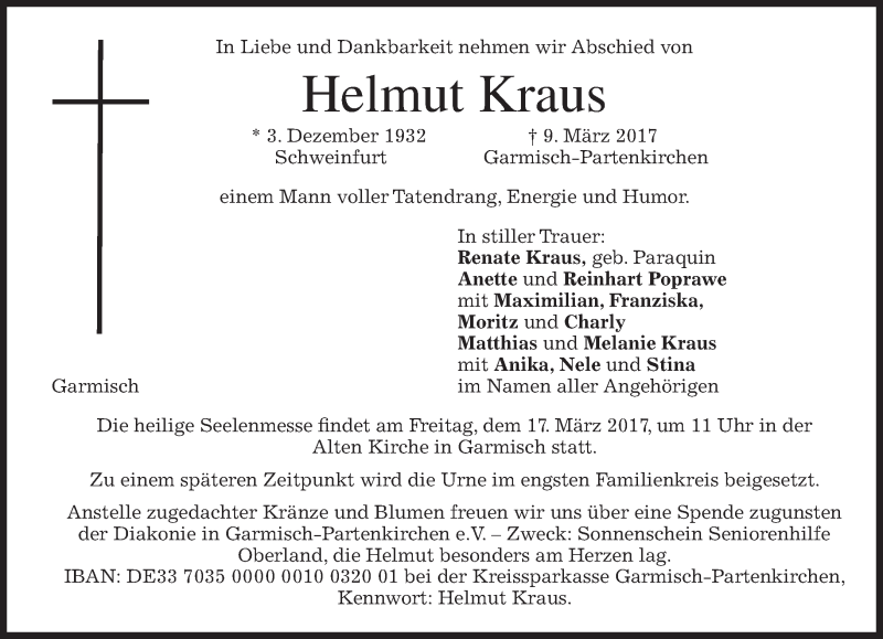  Traueranzeige für Helmut Kraus vom 11.03.2017 aus merkurtz