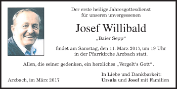 Traueranzeige von Josef Willibald von merkurtz