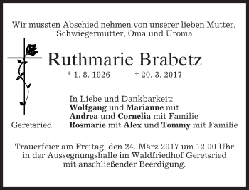 Traueranzeige von Ruthmarie Brabetz von merkurtz
