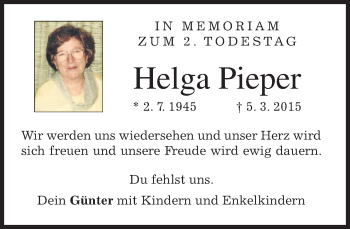 Traueranzeige von Helga Pieper von merkurtz