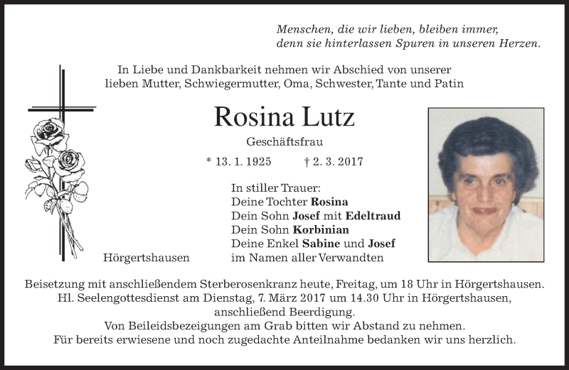  Traueranzeige für Rosina Lutz vom 03.03.2017 aus merkurtz