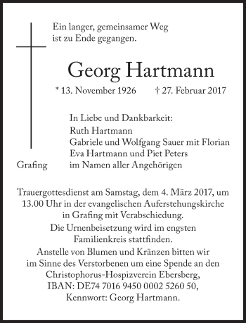Traueranzeige von Georg Hartmann von merkurtz