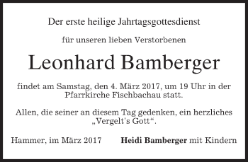 Traueranzeige von Leonhard Bamberger von merkurtz