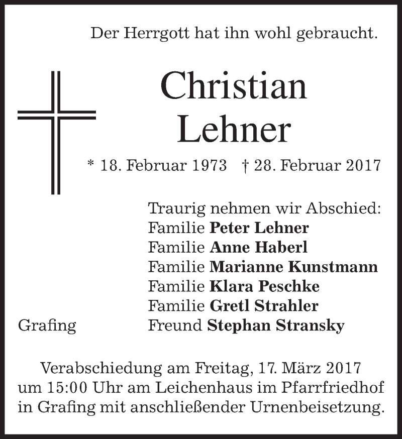  Traueranzeige für Christian Lehner vom 11.03.2017 aus merkurtz
