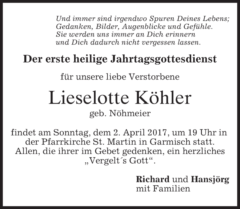  Traueranzeige für Lieselotte Köhler vom 31.03.2017 aus merkurtz