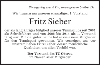 Traueranzeige von Fritz Sieber von merkurtz