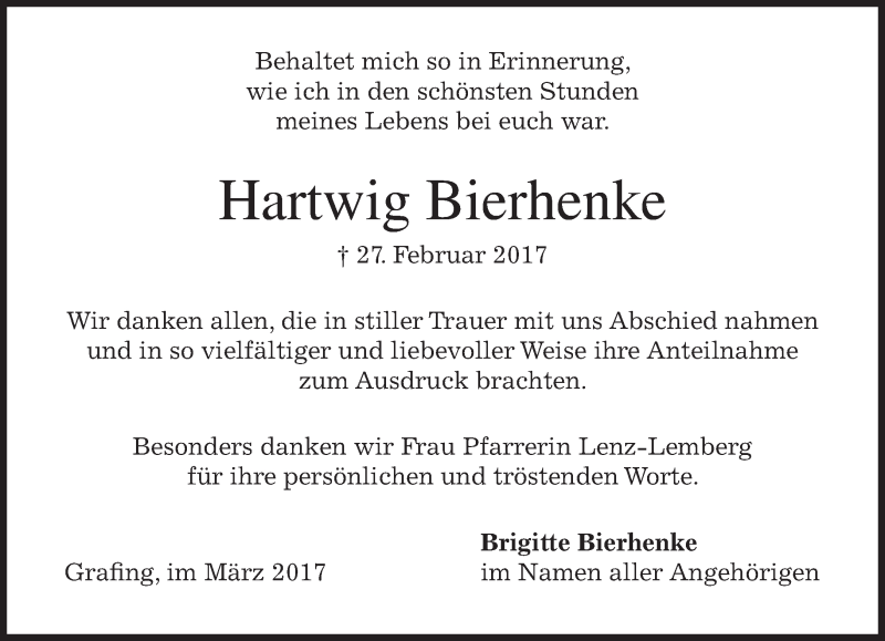  Traueranzeige für Hartwig Bierhenke vom 22.03.2017 aus merkurtz