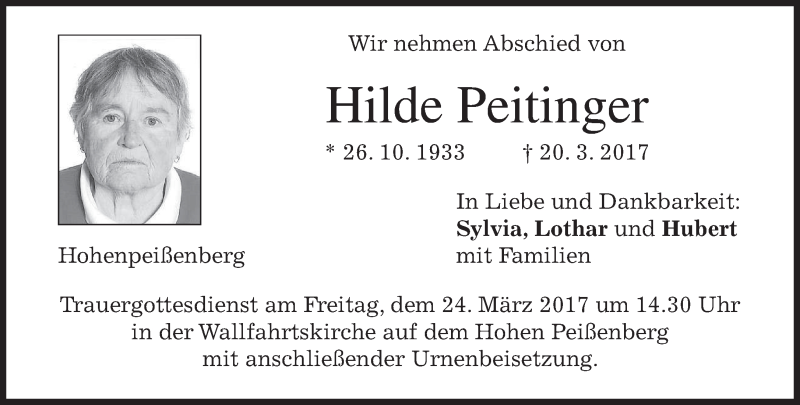  Traueranzeige für Hilde Peitinger vom 23.03.2017 aus merkurtz