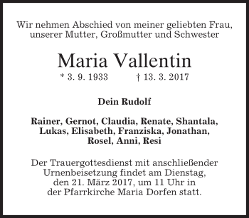 Traueranzeige von Maria Vallentin von merkurtz