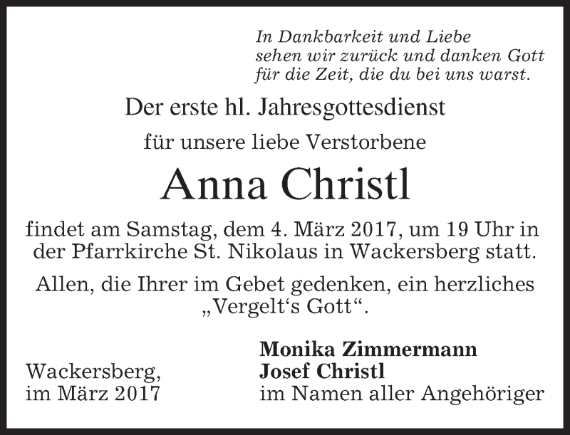  Traueranzeige für Anna Christl vom 02.03.2017 aus merkurtz