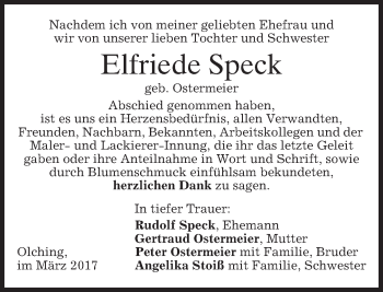 Traueranzeige von Elfriede Speck von merkurtz
