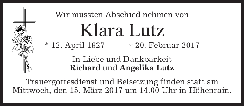  Traueranzeige für Klara Lutz vom 11.03.2017 aus merkurtz