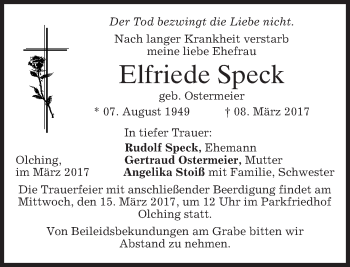 Traueranzeige von Elfriede Speck von merkurtz
