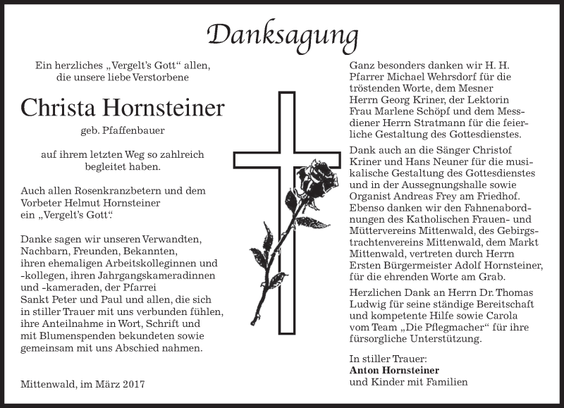  Traueranzeige für Christa Hornsteiner vom 18.03.2017 aus merkurtz