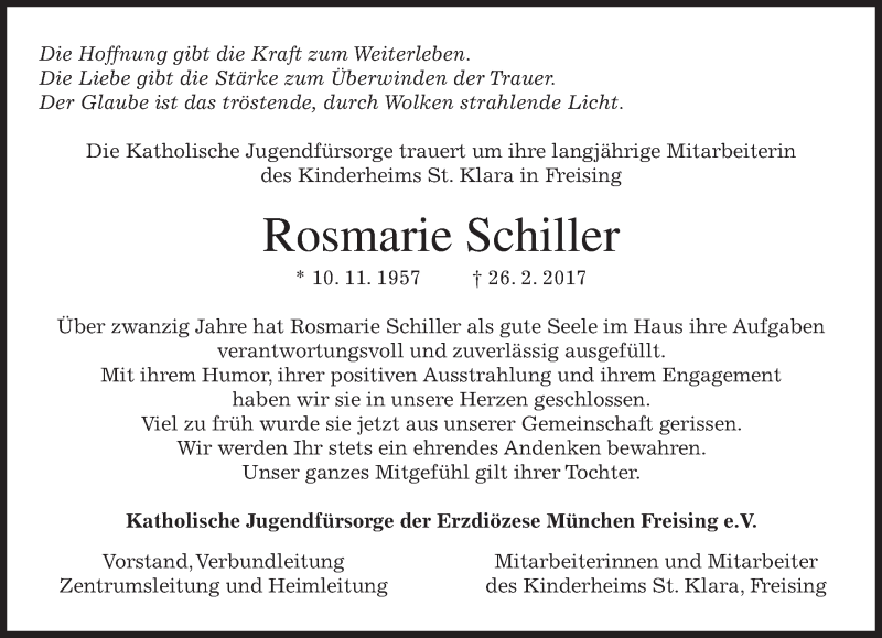  Traueranzeige für Rosmarie Schiller vom 20.03.2017 aus merkurtz