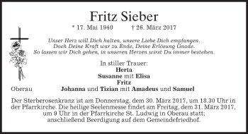 Traueranzeige von Fritz Sieber von merkurtz
