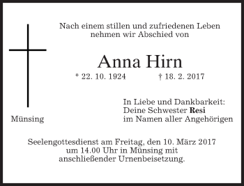 Traueranzeige von Anna Hirn von merkurtz