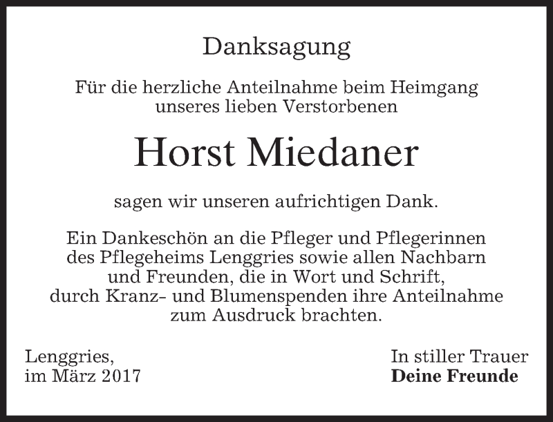  Traueranzeige für Horst Miedaner vom 11.03.2017 aus merkurtz