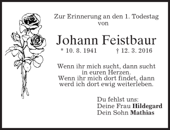 Traueranzeige von Johann Feistbaur von merkurtz