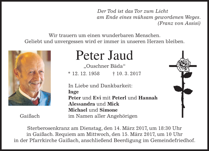  Traueranzeige für Peter Jaud vom 13.03.2017 aus merkurtz