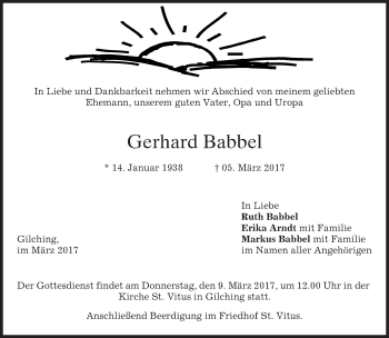 Traueranzeige von Gerhard Babbel von merkurtz