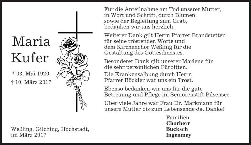  Traueranzeige für Maria Kufer vom 25.03.2017 aus merkurtz