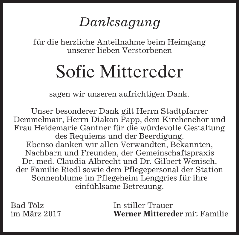  Traueranzeige für Sofie Mittereder vom 04.03.2017 aus merkurtz