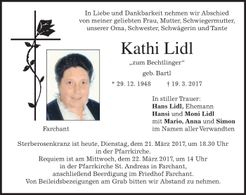 Traueranzeige von Kathi Lidl von merkurtz