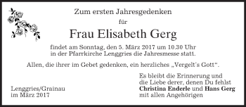 Traueranzeige von Elisabeth Gerg von merkurtz