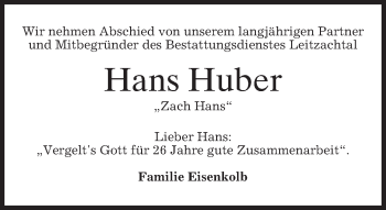 Traueranzeige von Hans Huber von merkurtz