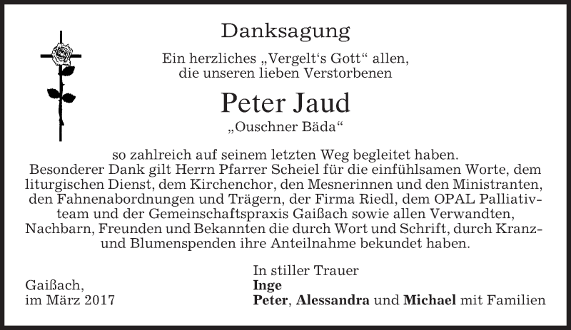  Traueranzeige für Peter Jaud vom 25.03.2017 aus merkurtz